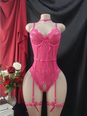 Alluring Hot Pink Lace Bustier Teddy with Garter Details